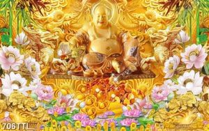 Tranh Phật Di Lặc và hoa sen 3D in kính
