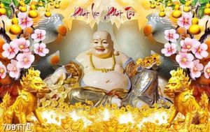 Tranh dán tường 3D Phật Di Lặc trên nền đá giả ngọc