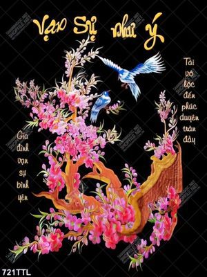 Tranh hoa đào đỏ vạn sự như ý