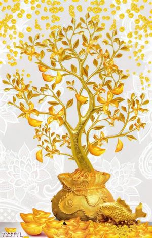 Tranh gắn tường cây kim tiền và cá chép khổ dọc