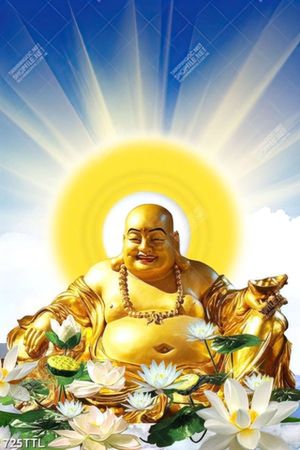 Tranh Phật Di Lặc và hoa sen trang trí phòng khách