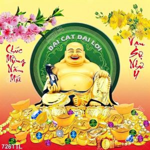 Tranh Phật Di Lặc và tiền vàng trang trí ngày tết