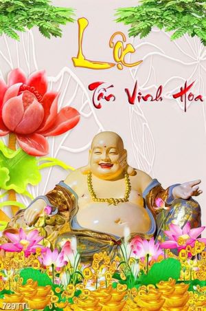 Tranh trang trí nội thất Phật Di Lặc và hoa sen in kính