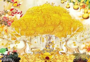 Tranh trang trí nội thất cây tiền vàng trên nền giả ngọc in uv