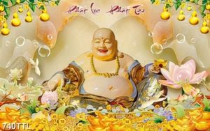 Tranh  Phật Di Lặc và hoa sen trên nền đá giả ngọc