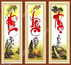 Tranh tranh 3 tấm phúc lộc thọ khổ dọc