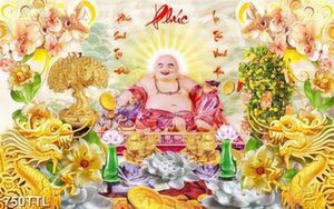 Tranh Phật Di Lặc và song rồng trên nền giả ngọc in uv