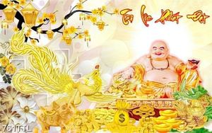 Tranh trang trí ngày tết Phật Di Lặc và hoa mai vàng