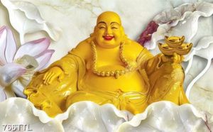 Tranh giả ngọc Phật Di Lặc và hoa sen trang trí phòng khách