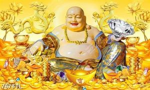 Tranh giả ngọc Phật Di Lặc trên núi vàng in uv
