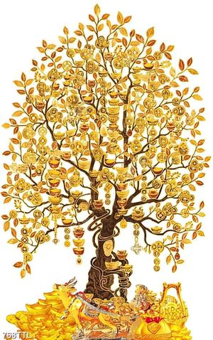 Tranh tài lộc cây kim tiền vàng trang trí tường in kính