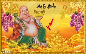 Tranh kim tiền Phật Di Lặc trên núi vàng decor tường