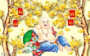 Tranh gắn tường hoa mộc lan kim tiền và Phật Di Lặc in kính