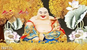 Tranh gắn tường Phật Di Lặc trên núi vàng và hoa sen phát tài phát lộc