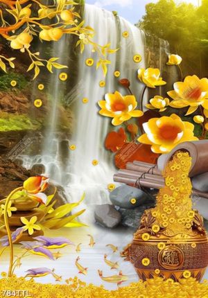 Tranh tài lộc thác nước bên hoa sen và cá chép vàng file gốc