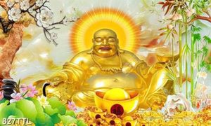 Tranh Phật Di Lặc và hoa sen trên nền giả ngọc