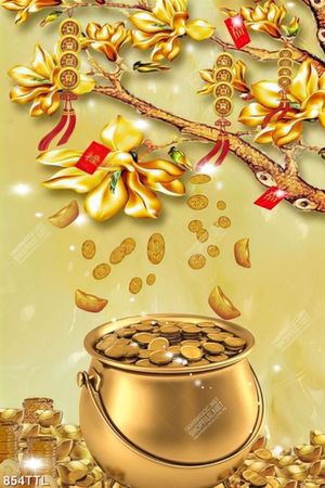 Tranh tài lộc trang trí nội thất hoa mộc lan trên hũ tiền vàng