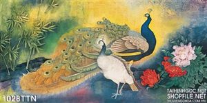 Tranh thư pháp chim công sơn dầu