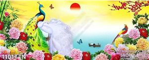 Tranh thư pháp chim công và hoa mẫu đơn
