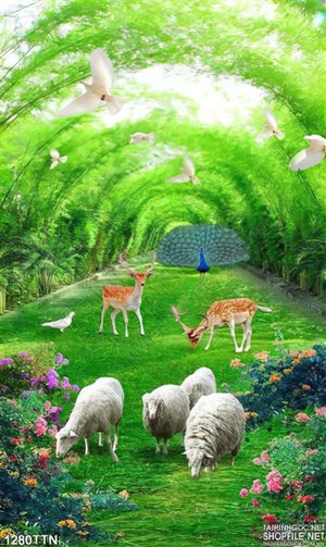 Tranh decor phong cảnh hươu nai trong công viên