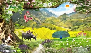 Tranh phong cảnh cậu bé chăn trâu và ruộng lúa in uv