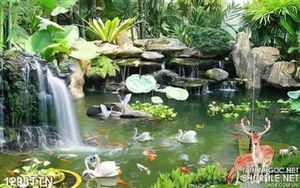 Tranh in uv thác nước và hươu nai nghệ thuật