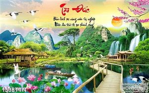 Tranh psd thác nước phong thủy và cây cầu decor
