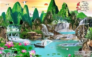 Tranh thác nước phong thủy và núi wall decor