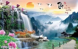 Tranh psd thác nước và hươu phong thủy đẹp