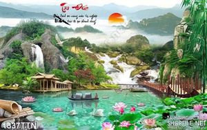 Tranh thác nước thư pháp nghệ thuật đẹp nhất psd