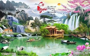 Tranh psd phong cảnh thác và đàn hươu