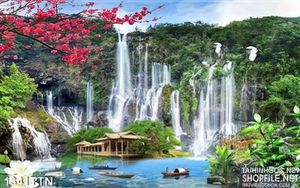 Tranh thác nước phong thủy mùa xuân in uv