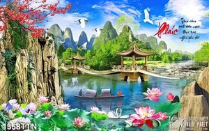 Tranh decor phong thủy thác nước thư pháp