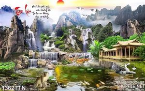 Tranh thư pháp phong cảnh thác nước psd
