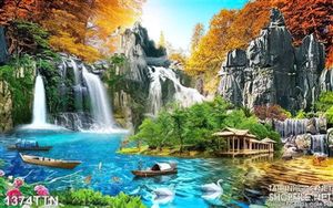 Tranh phong cảnh thác nước mùa thu