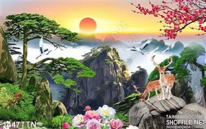 Tranh sơn mùa xuân và con hươu