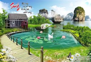 Tranh thư pháp thác nước và chim thiên nga đẹp nhất