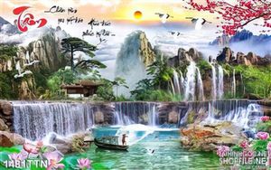 Tranh sơn thủy thác nước mùa xuân đẹp nhất