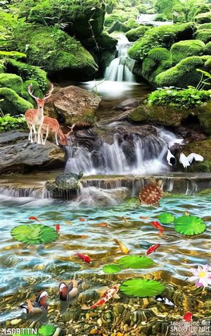 Tranh in uv thác trong rừng và đàn hươu