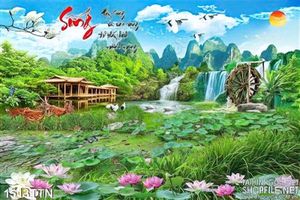 Tranh Sen và cảnh thác nước đẹp psd
