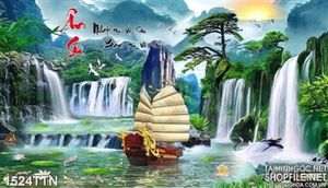 Tranh thác nước phong thủy thư pháp độc đáo in 3D