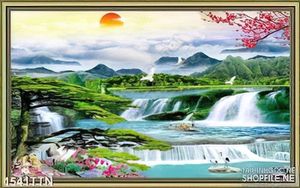 Tranh thác nước phong thủy mùa xuân