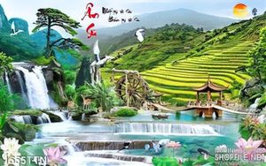 Tranh decor cảnh thác và ruộng bậc thang