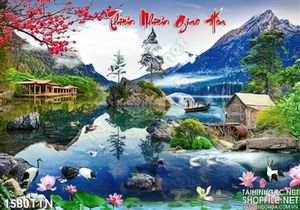 Tranh thư pháp thiên nhiên giao hòa psd nghệ thuật