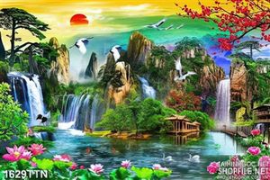 Tranh psd phong thủy thác nước mùa xuân mới nhất