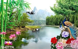 Tranh psd phong cảnh nghệ thuật và chim công in uv