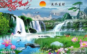 Tranh phong thủy thác nước nghệ thuật mùa xuân wall decor