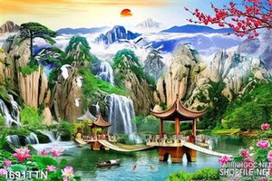 Tranh psd thác nước phong thủy wall decor