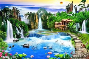 Tranh psd phong cảnh thác nước phong thủy nghệ thuật