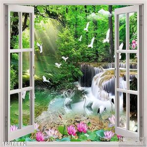 Tranh 3D cửa sổ thác nước trong khu rừng cà chim thiên nga
